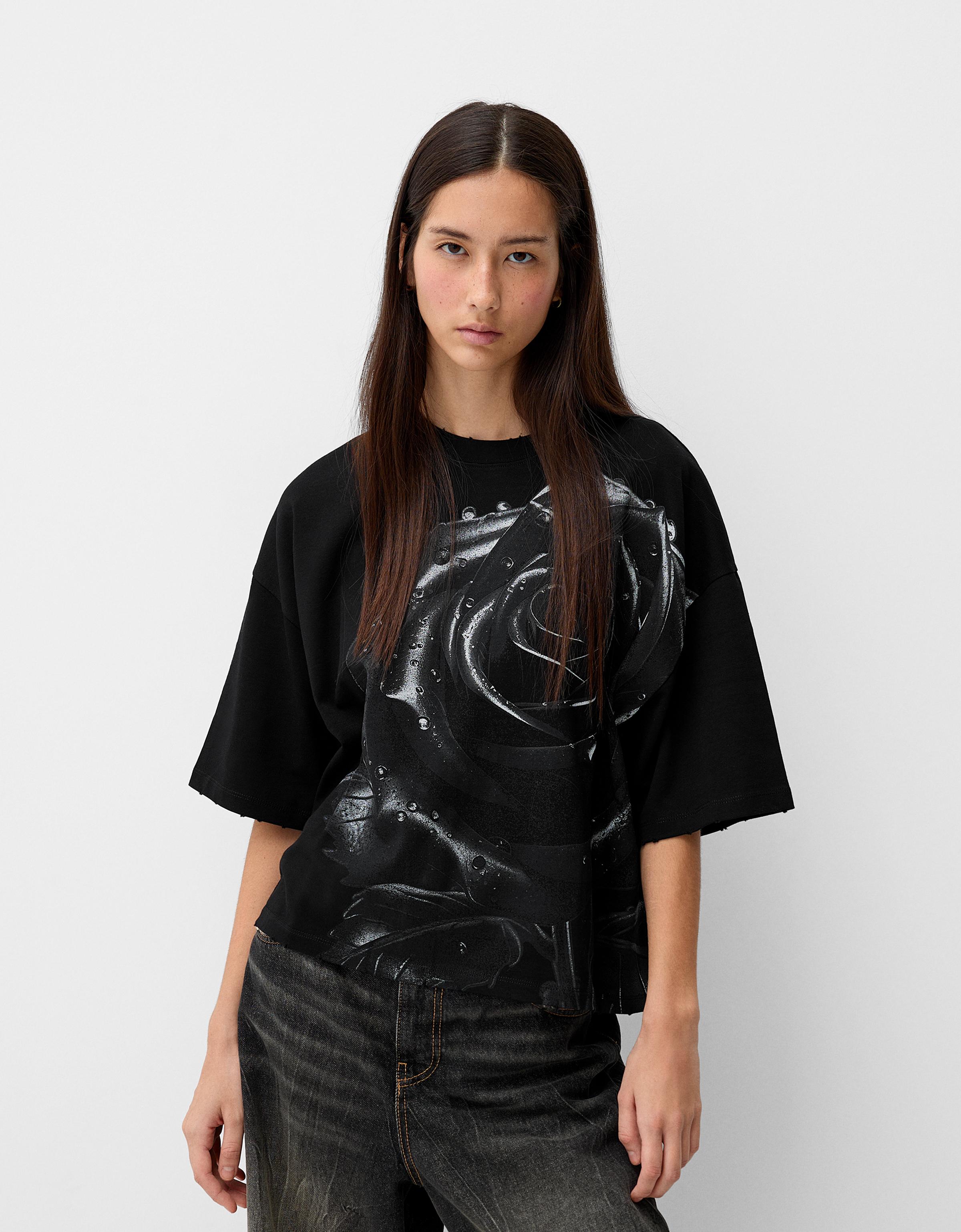 Bershka Oversize-T-Shirt Generation Bershka Mit Kurzen Ärmeln Und Print Damen Xs Schwarz