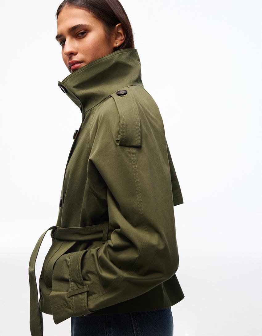 Funnel neck trench jacket-Khaki