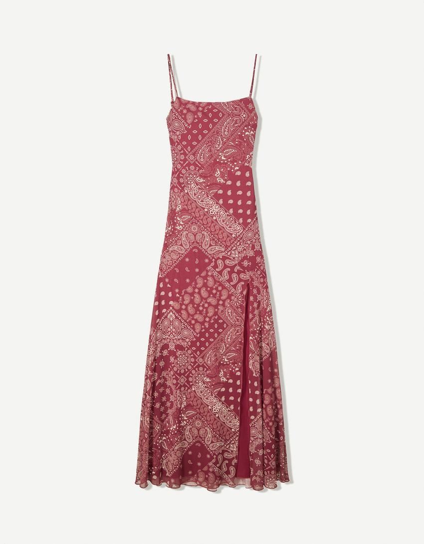 Robe midi en tulle imprimé-Bordeaux