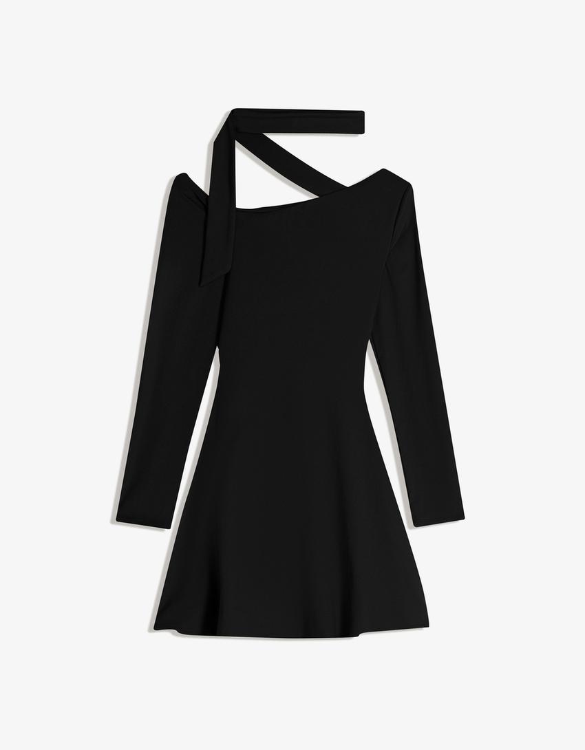 Vestido mini manga comprida detalhe lenço-Preto