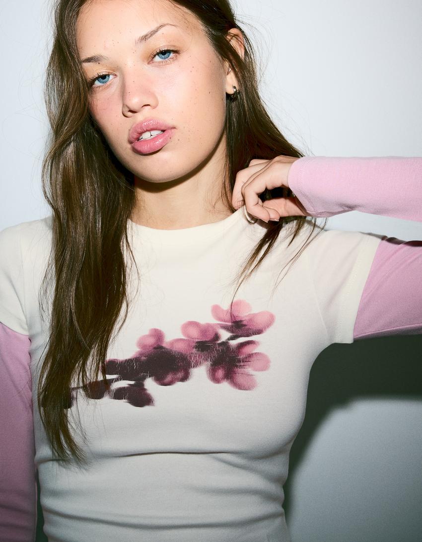 T-shirt met print en korte mouw-Ecru