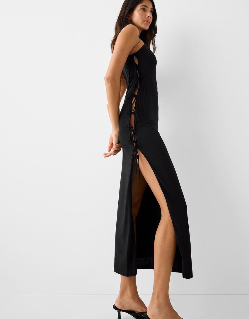 فستان متوسط الطول بحمالات وأربطة جانبية-أسود-3