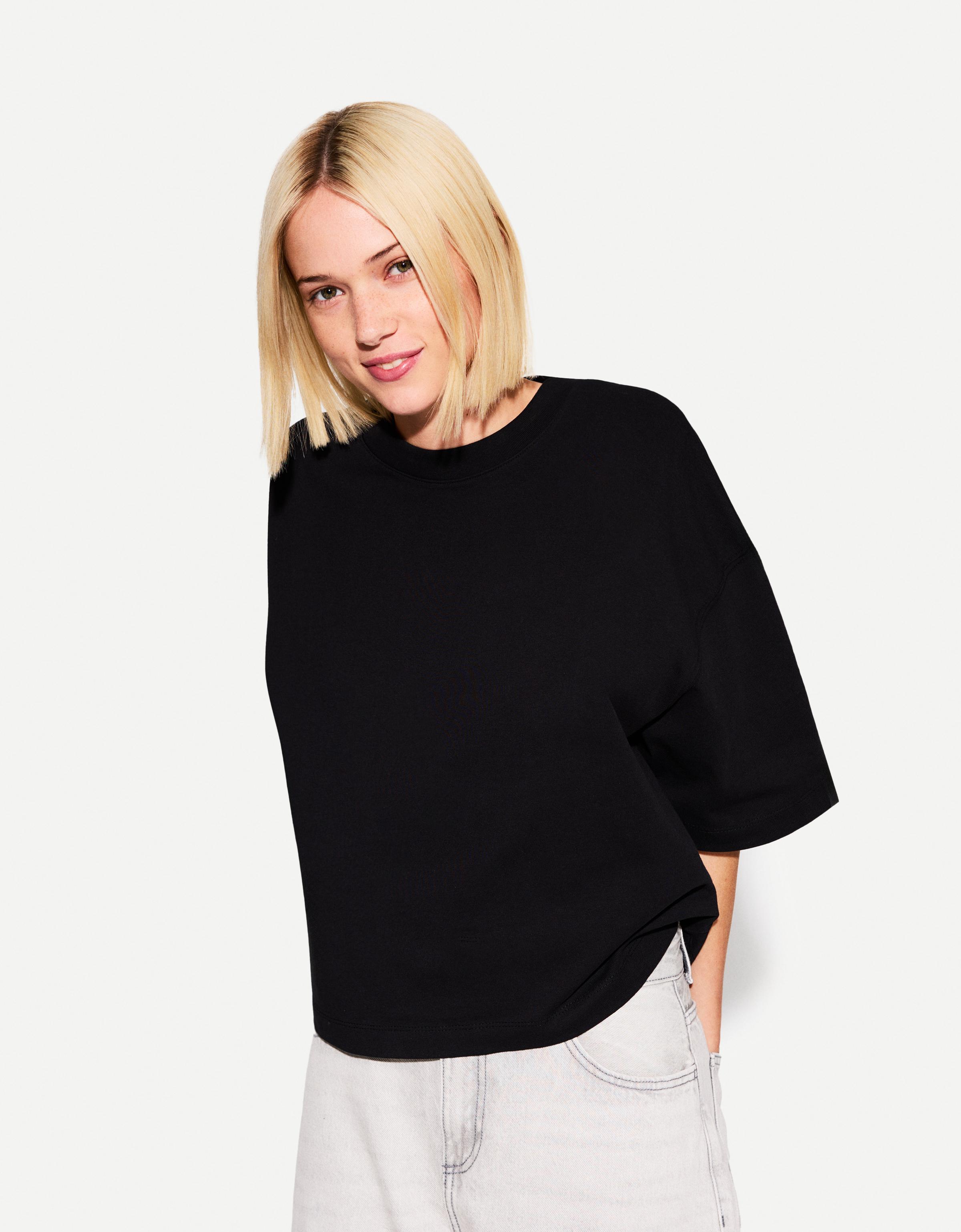 Bershka Oversize-T-Shirt Aus Schwerem Baumwollcotton Mit Kurzen Ärmeln Damen S Schwarz