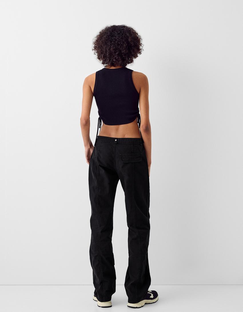 Памучен карго панталон с ниска талия и лента-Черно-2