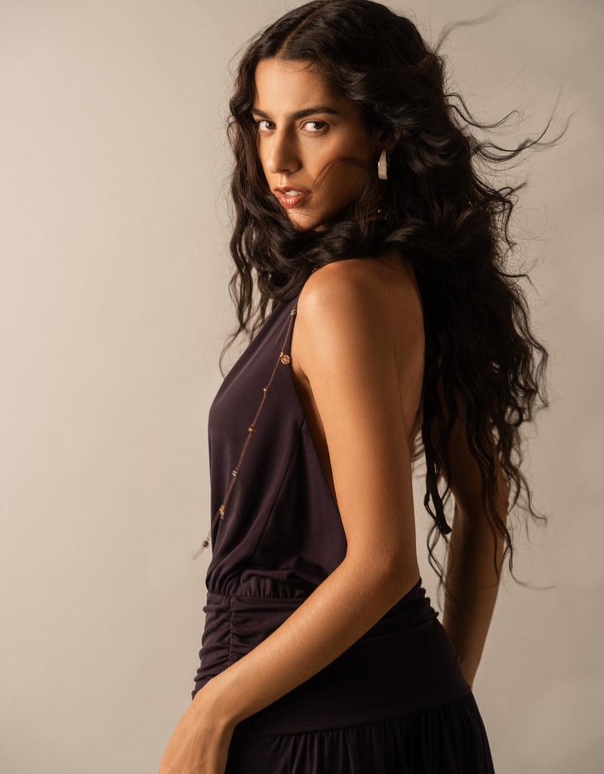 Halter midi elbise-Kahverengi