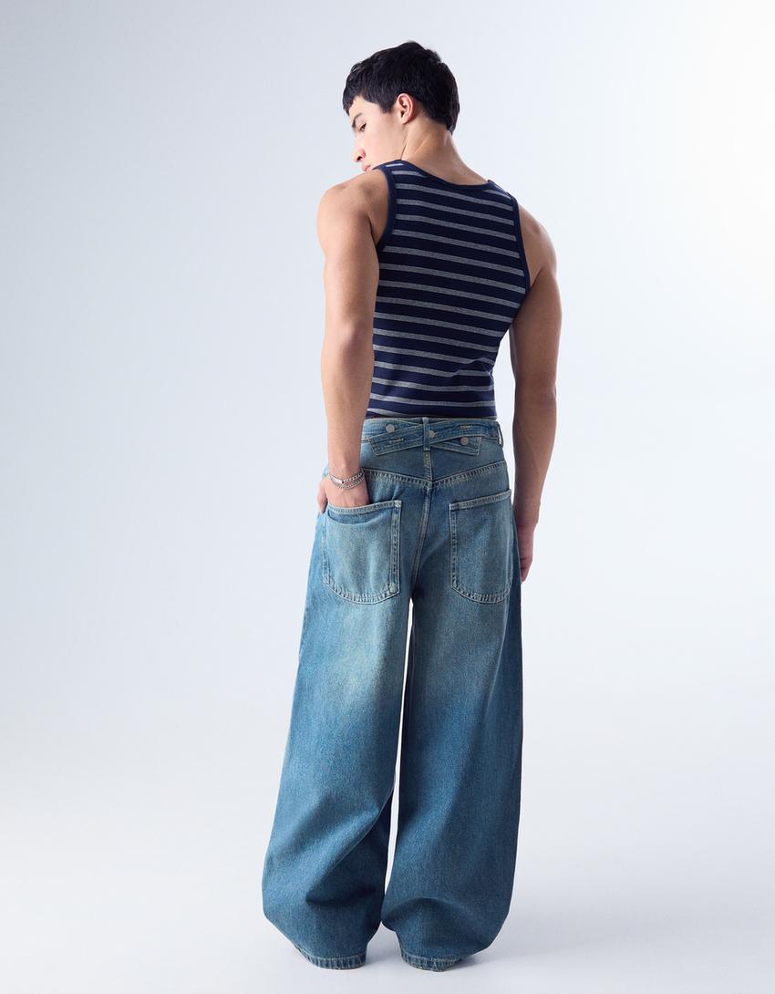 Jeans baggy con fibbia posteriore-Azzurro Lavato