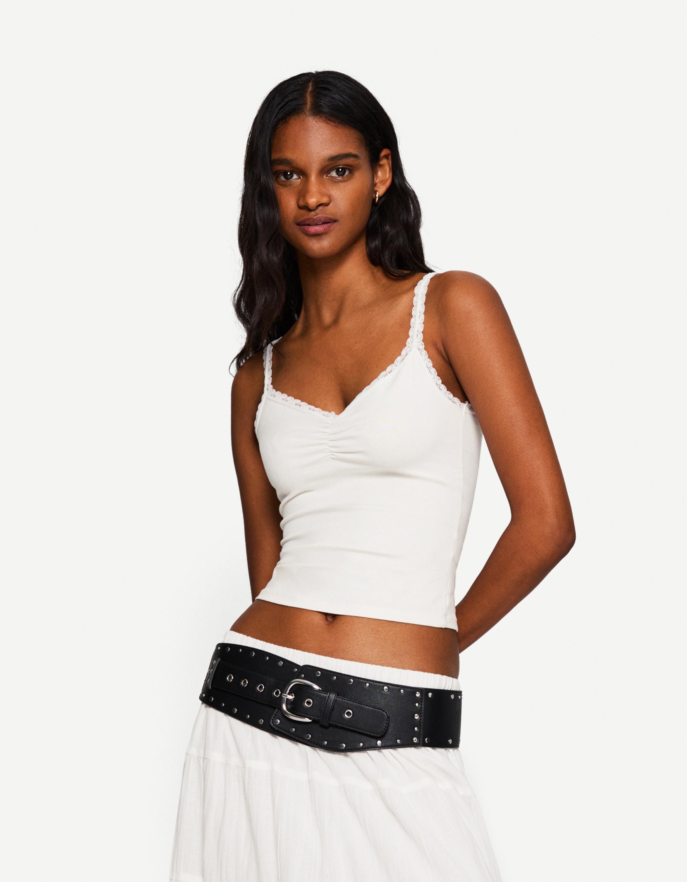 Bershka Trägertop Mit Spitze Damen Xl Grbrochenes Weiss