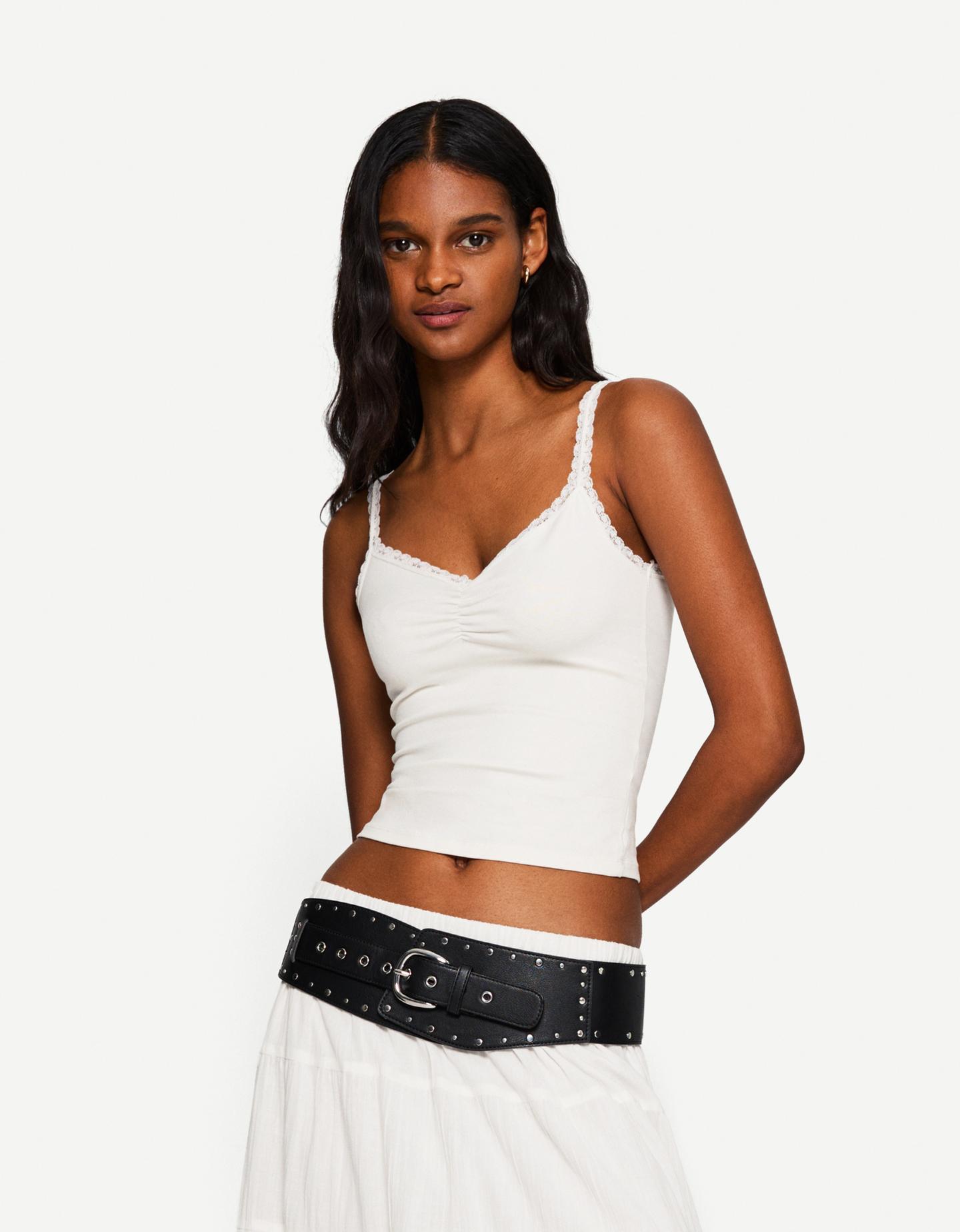 Bershka Top Tirantes Blonda Mujer Blanco Roto