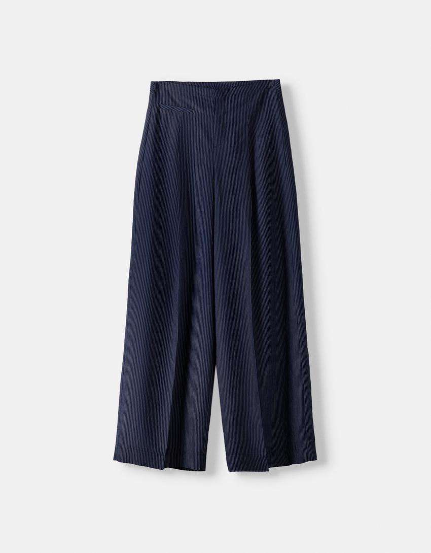 Wide-leg trousers with waistband detail-Blue-4