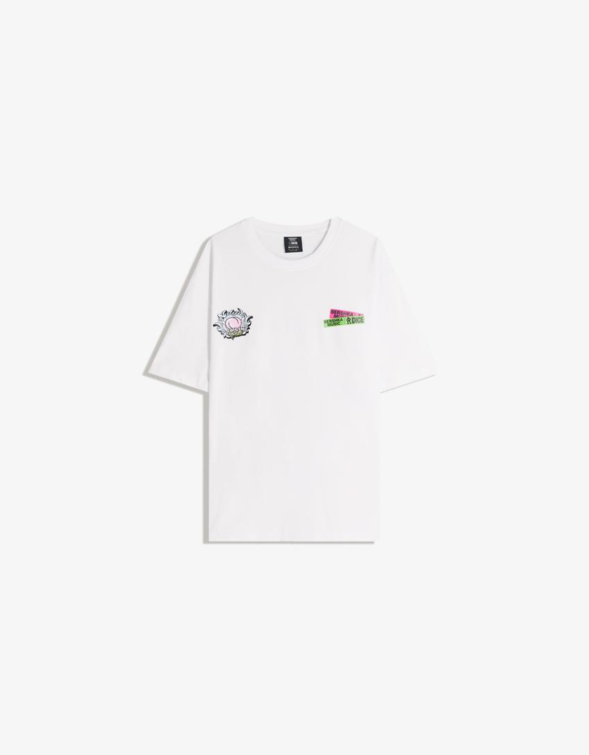 T-shirt Bershka Music DICE manga curta estampado-Branco