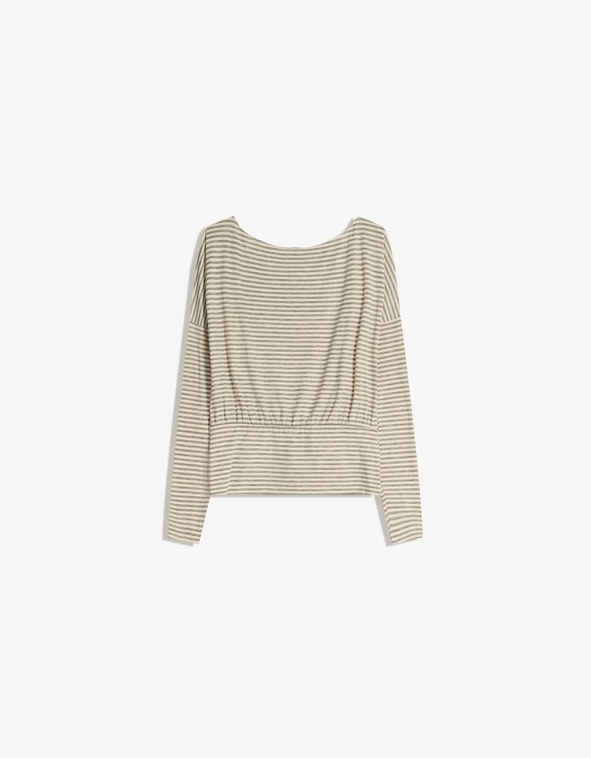 Striped long sleeve T-shirt with sash-Beige