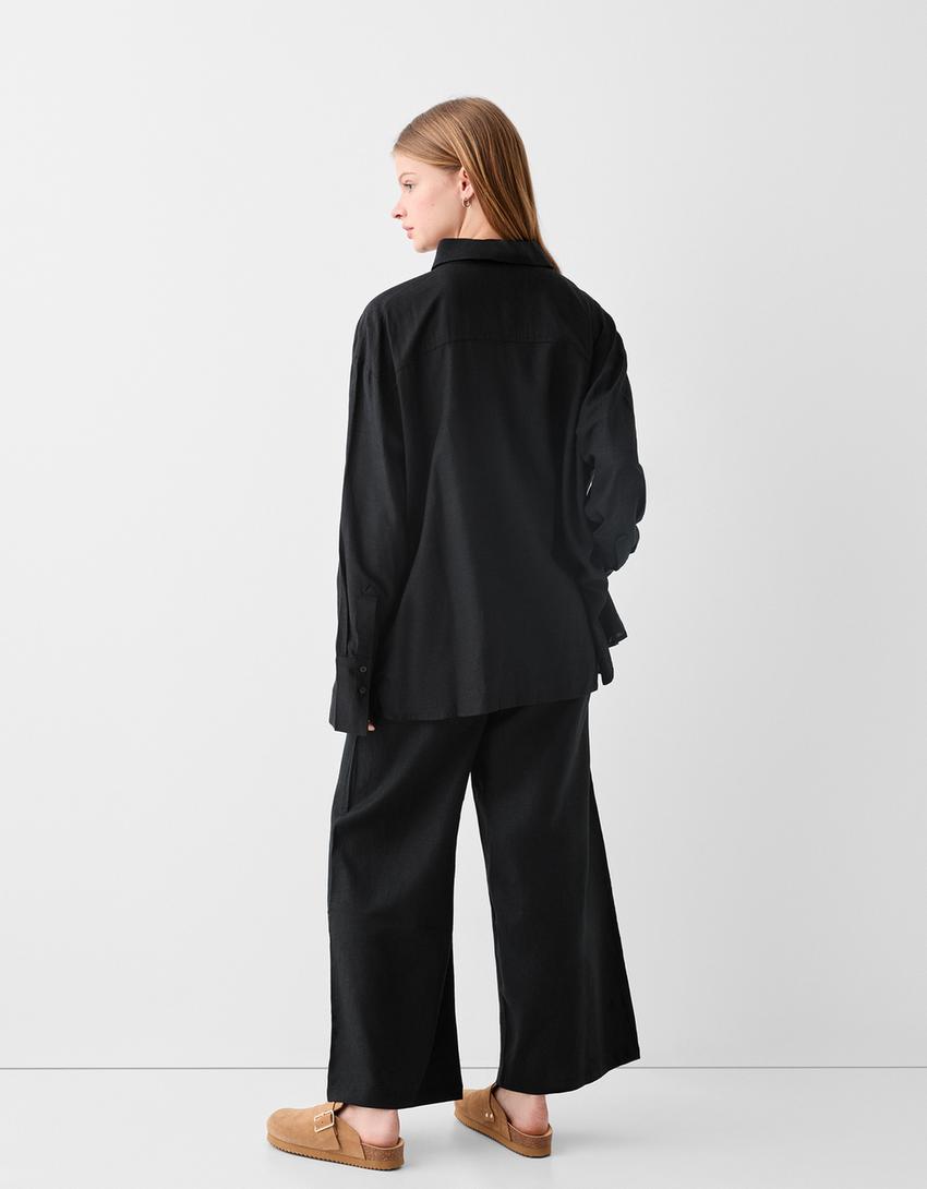 Culottes with linen and an elastic waist-Black-2