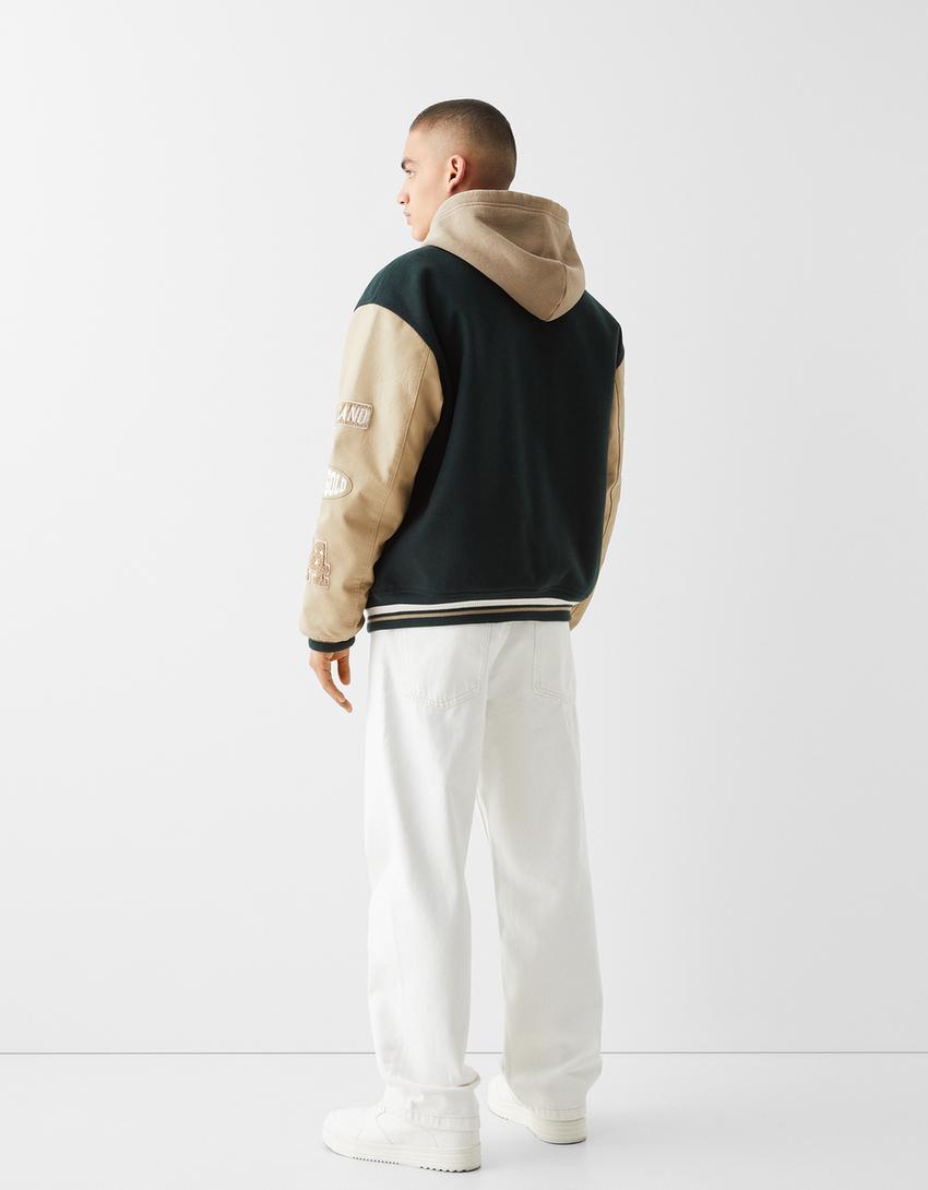 Felt texture varsity jacket with leather effect sleeves-Green