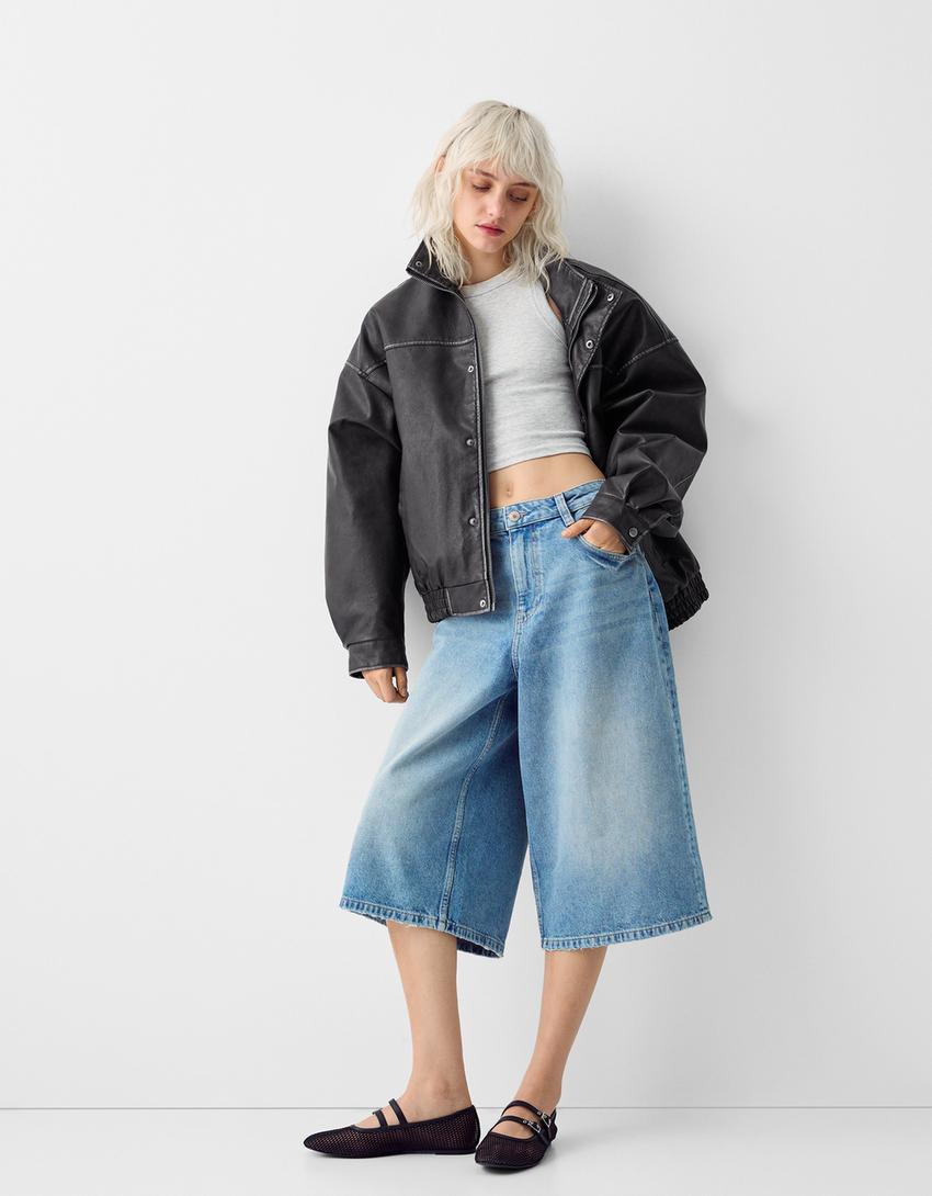 Blouson oversize similicuir effet usé-Noir-3