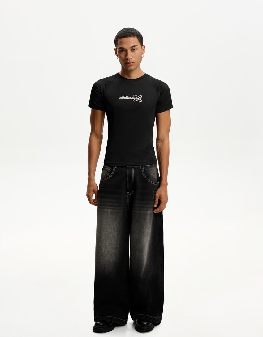 Desenli kısa kollu t-shirt-Siyah-3