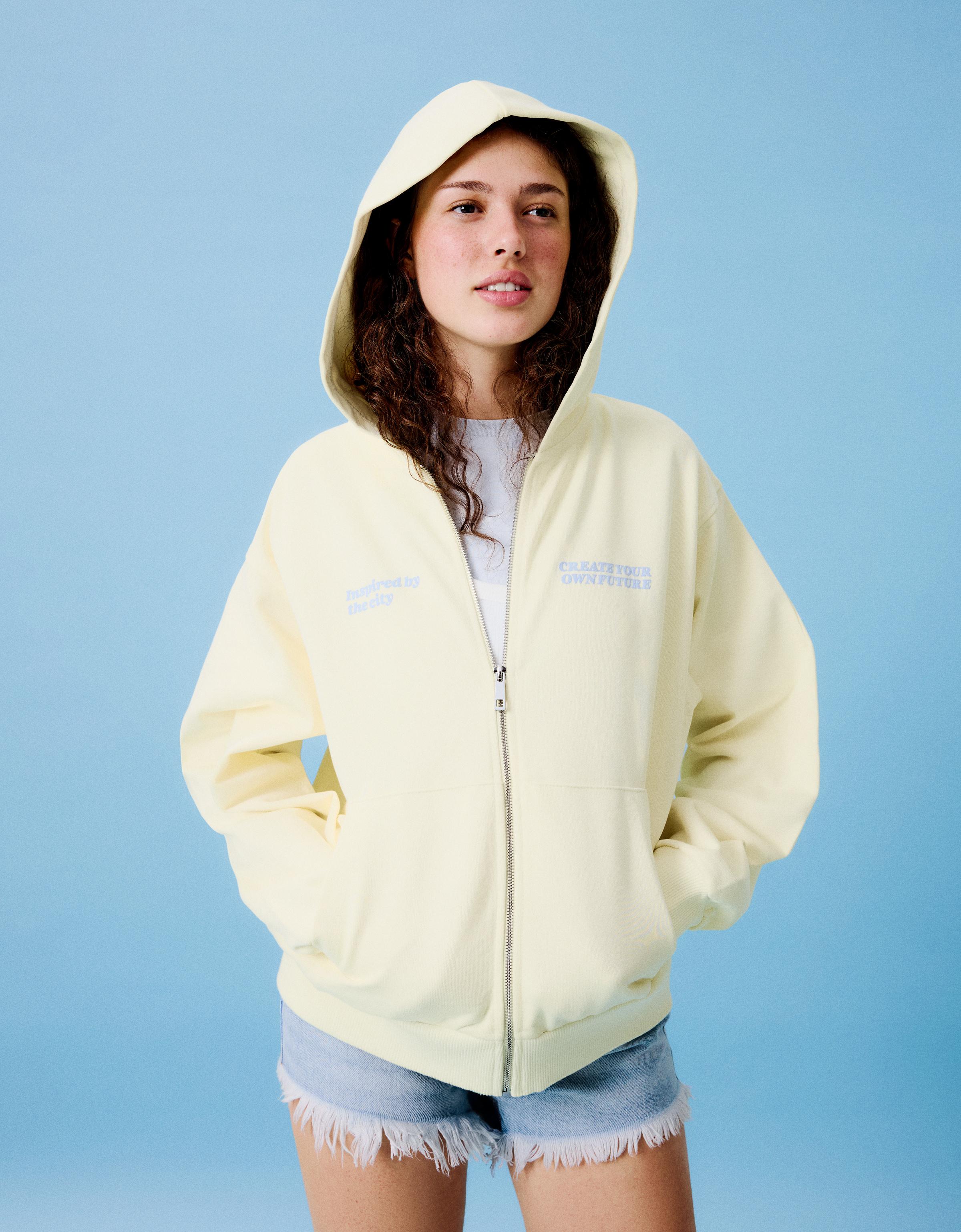 Oversize zip-up hoody with print — Yellow