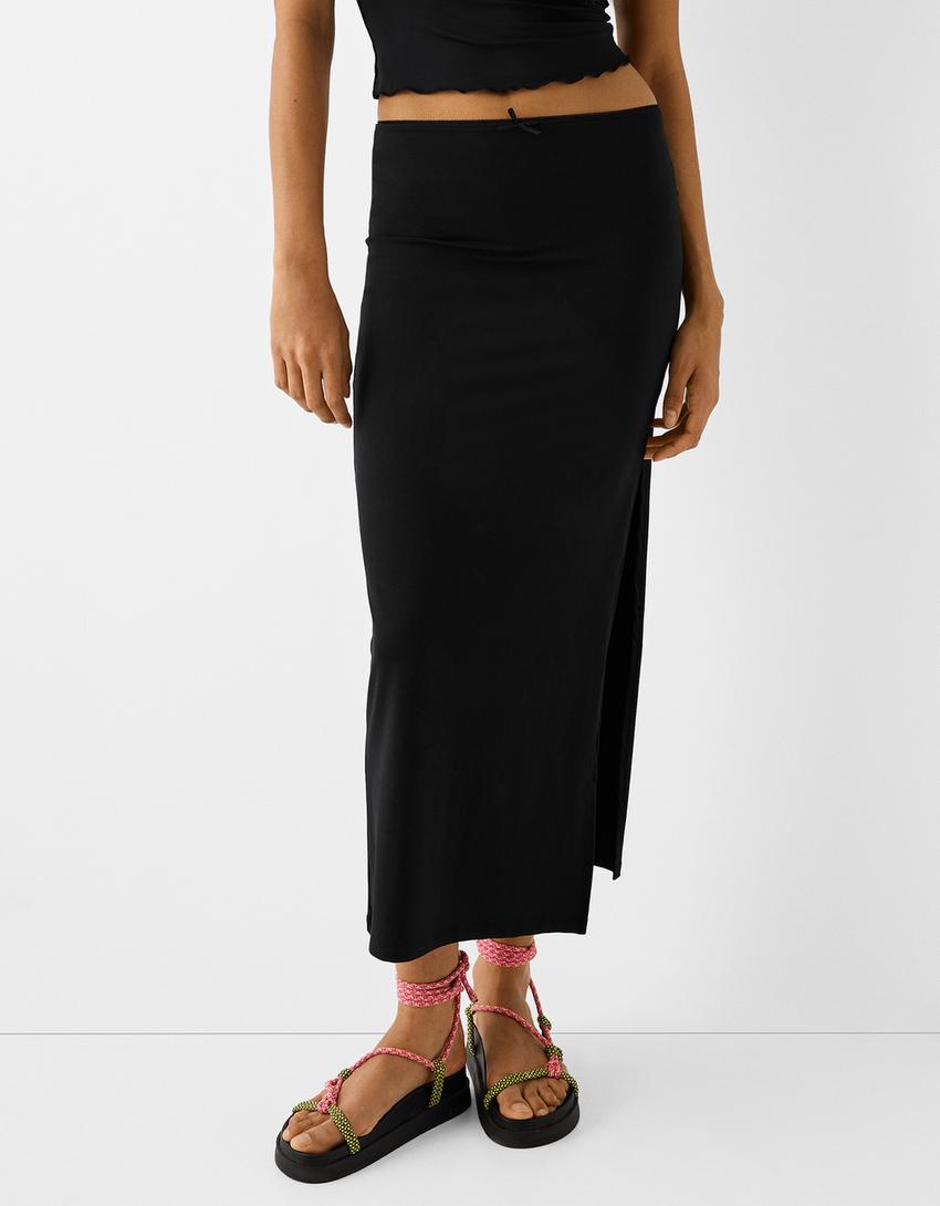 Пола с дължина под коляното и връзка-Черно-1