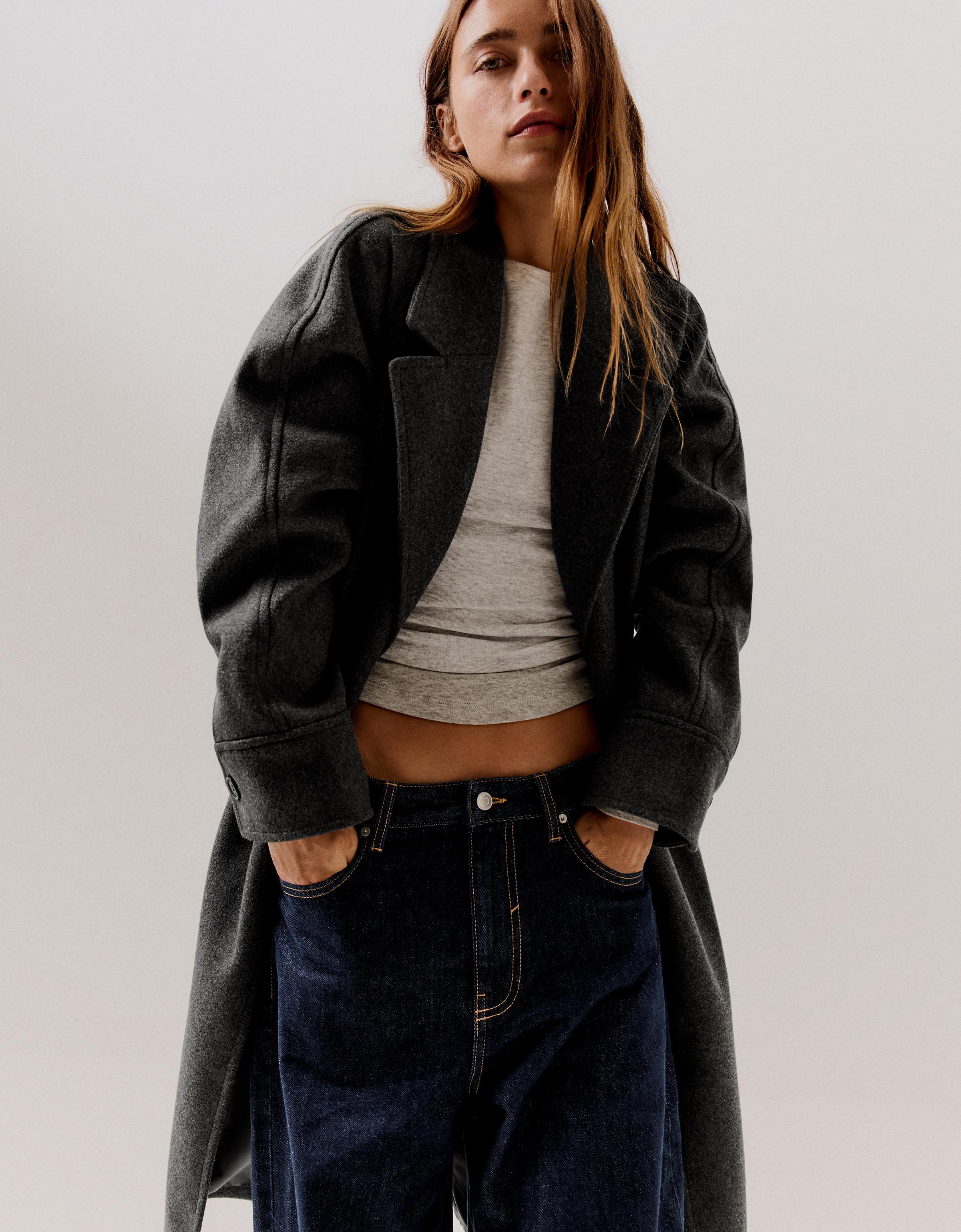 Long soft belted coat — Dark grey