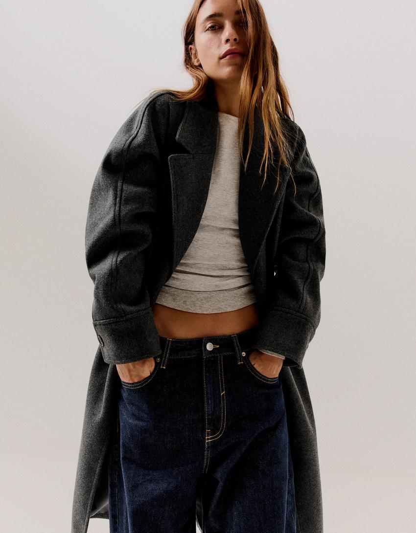 Cappotto lungo soft con cintura-Grigio scuro
