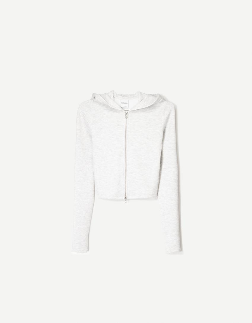 Fermuarlı, kapüşonlu ve modal karışımlı sweatshirt-Gri-1