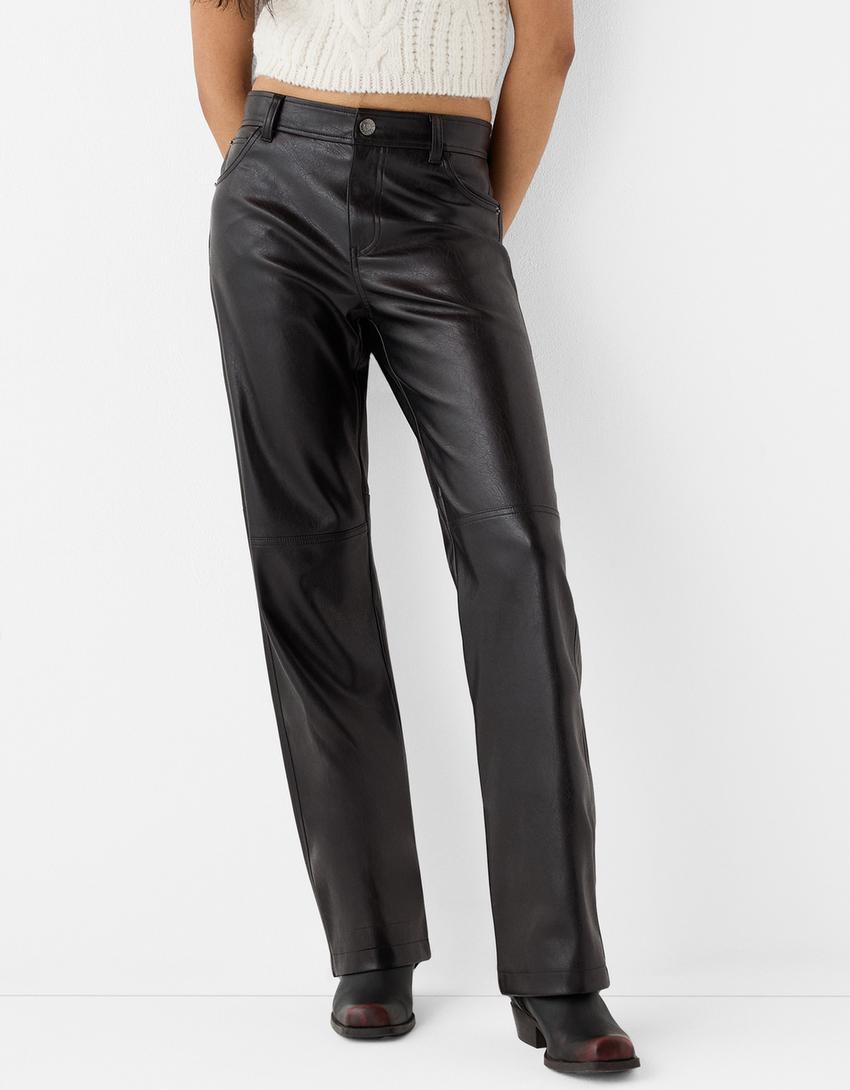 Pantalón straight efecto piel-Negro-1