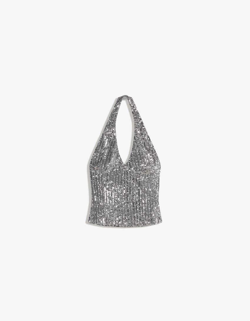Draped halter top with sequins-Silver