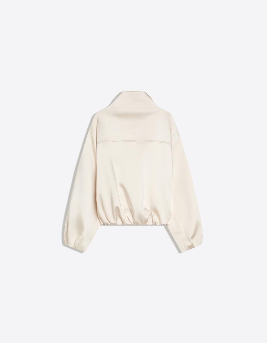 Satin high neck jacket-Cream