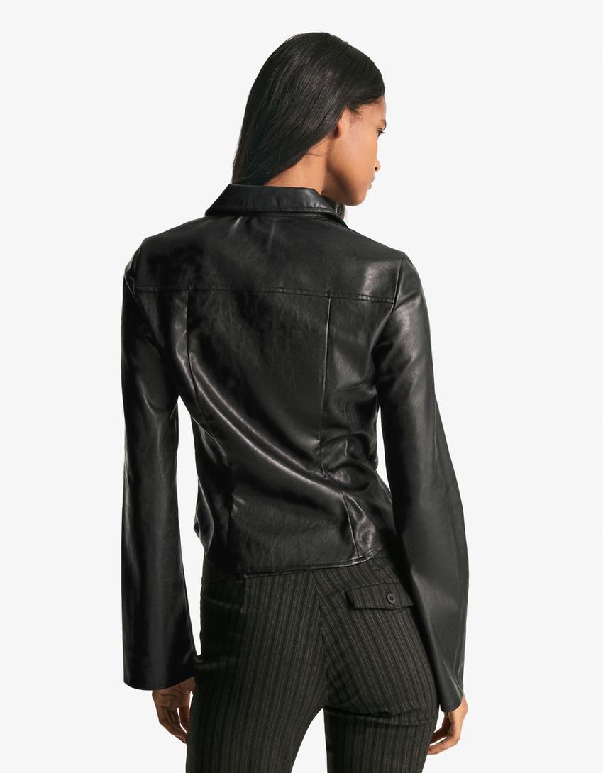 Camisa cremallera entallada efecto piel-Negro