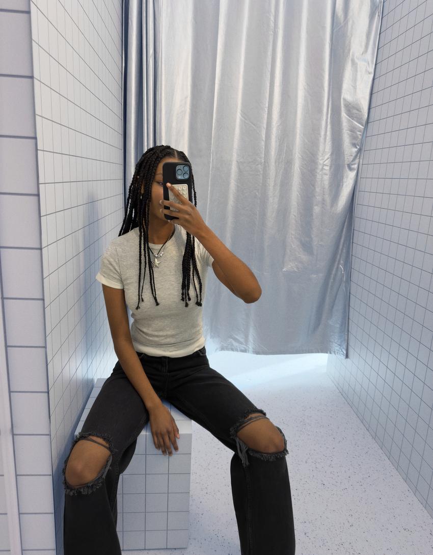 Ripped high-waist wide-leg jeans-Black