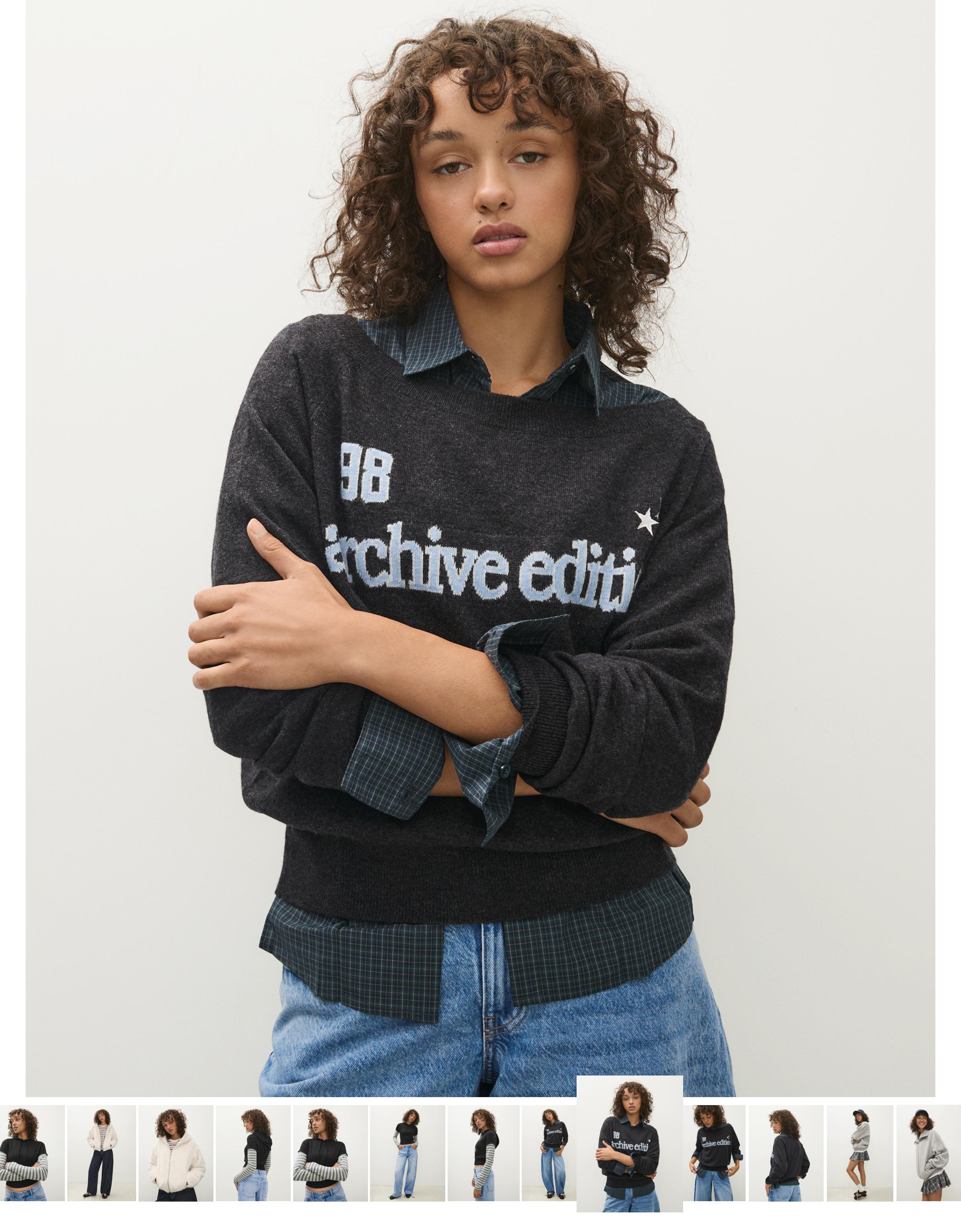 Graphic boat neck jumper — Dark grey