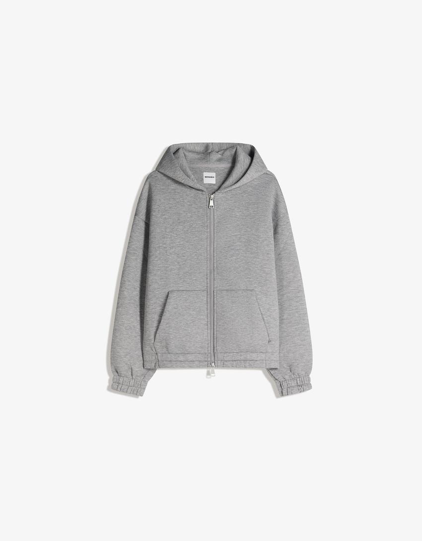 Fermuarlı sentetik kauçuk kumaş kapüşonlu sweatshirt-Gri