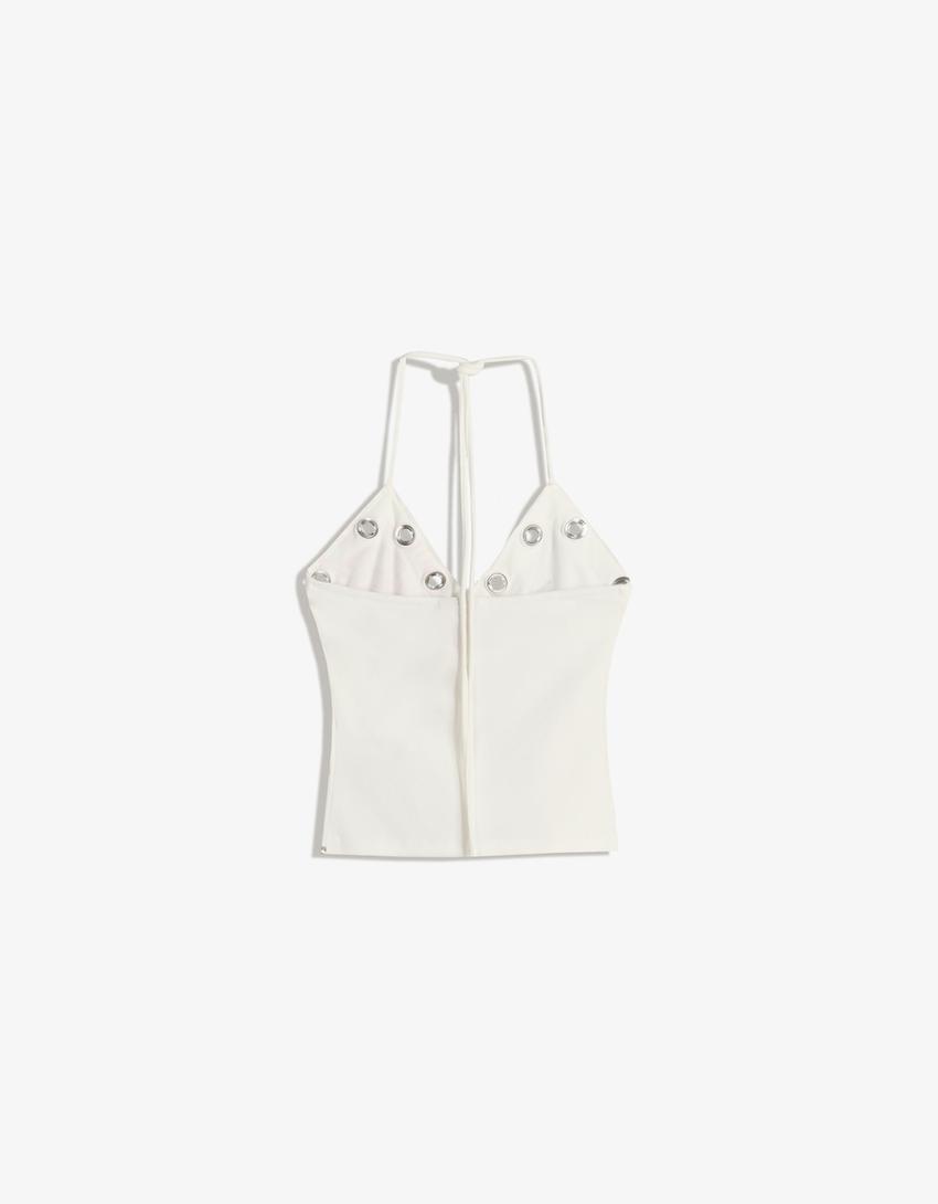 Top Von Dutch encolure américaine à œillets-Blanc cassé-4