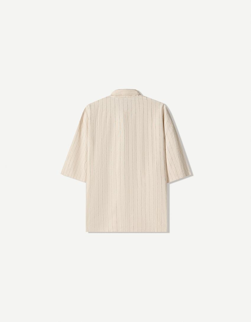 Short sleeve linen blend shirt-Beige-6