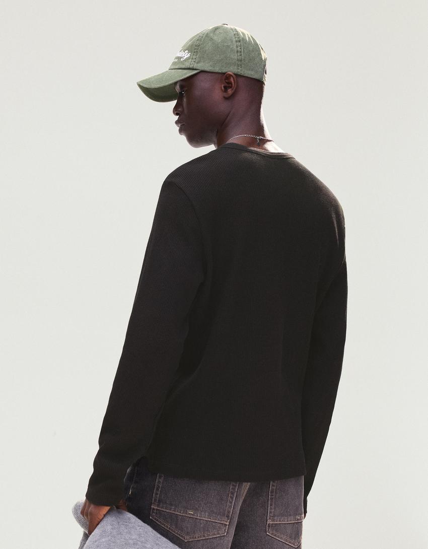 Slim fit long sleeve henley T-shirt-Black