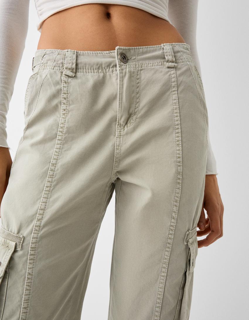 Calças straight cargo ajustáveis algodão-Caqui-5