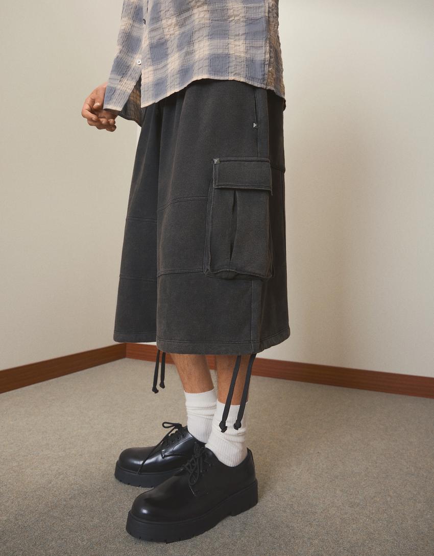 Bermuda short cargo effet délavé-Gris