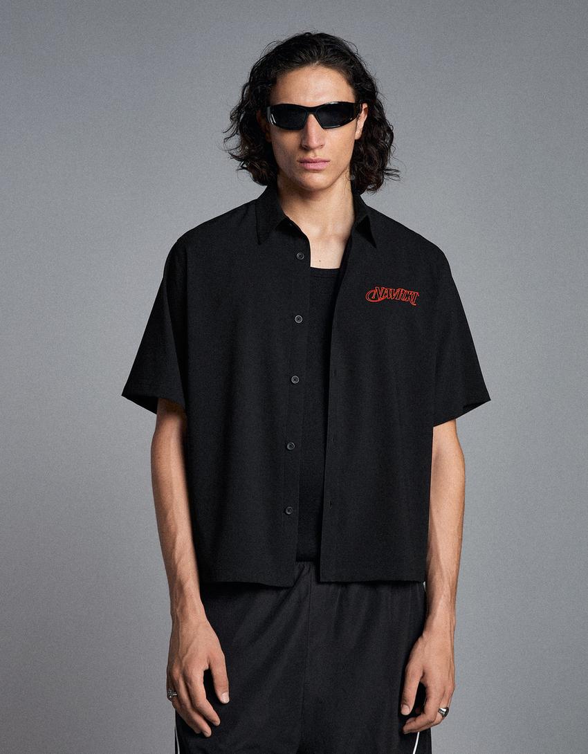 Camicia a maniche corte ricamata-Nero