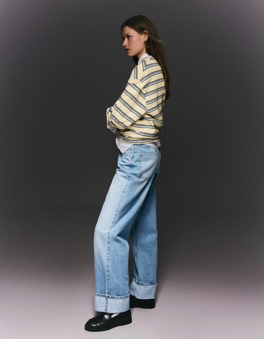 Straight-fit high-waist wide-leg jeans with turn-up hems-Light blue