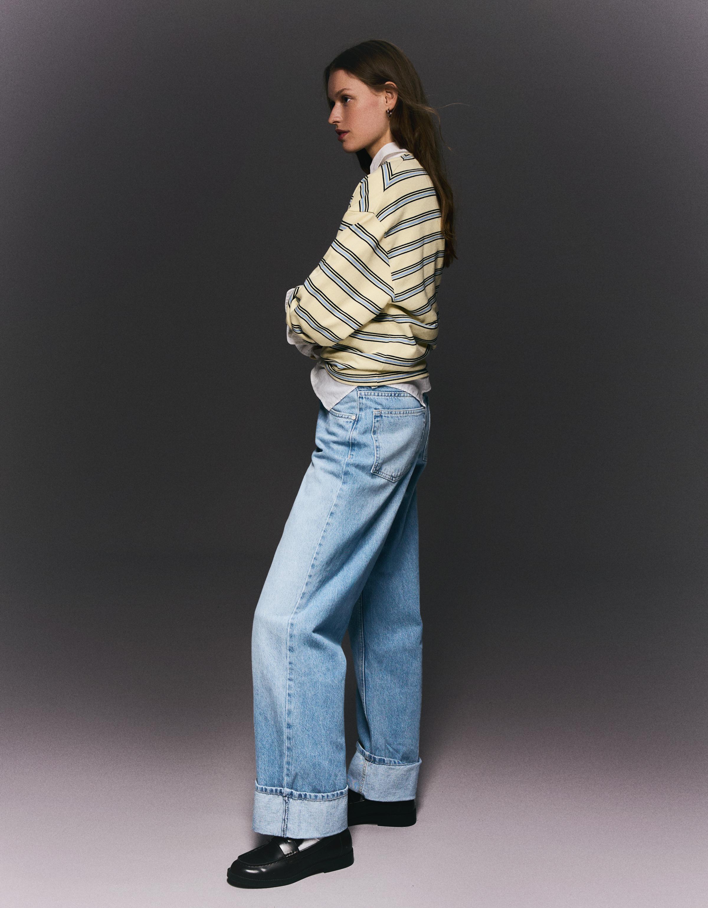 Yüksek bel straight fit geniş paça kıvrık paçalı jean