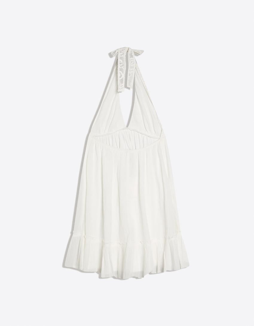 Robe mini crochet encolure américaine-Blanc