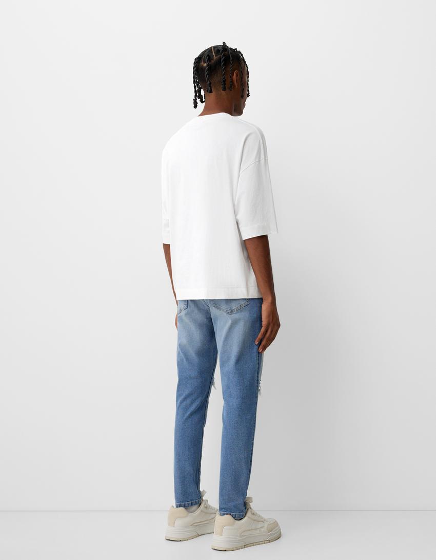 Jeans carrot fit déchiré-Bleu lavé-1