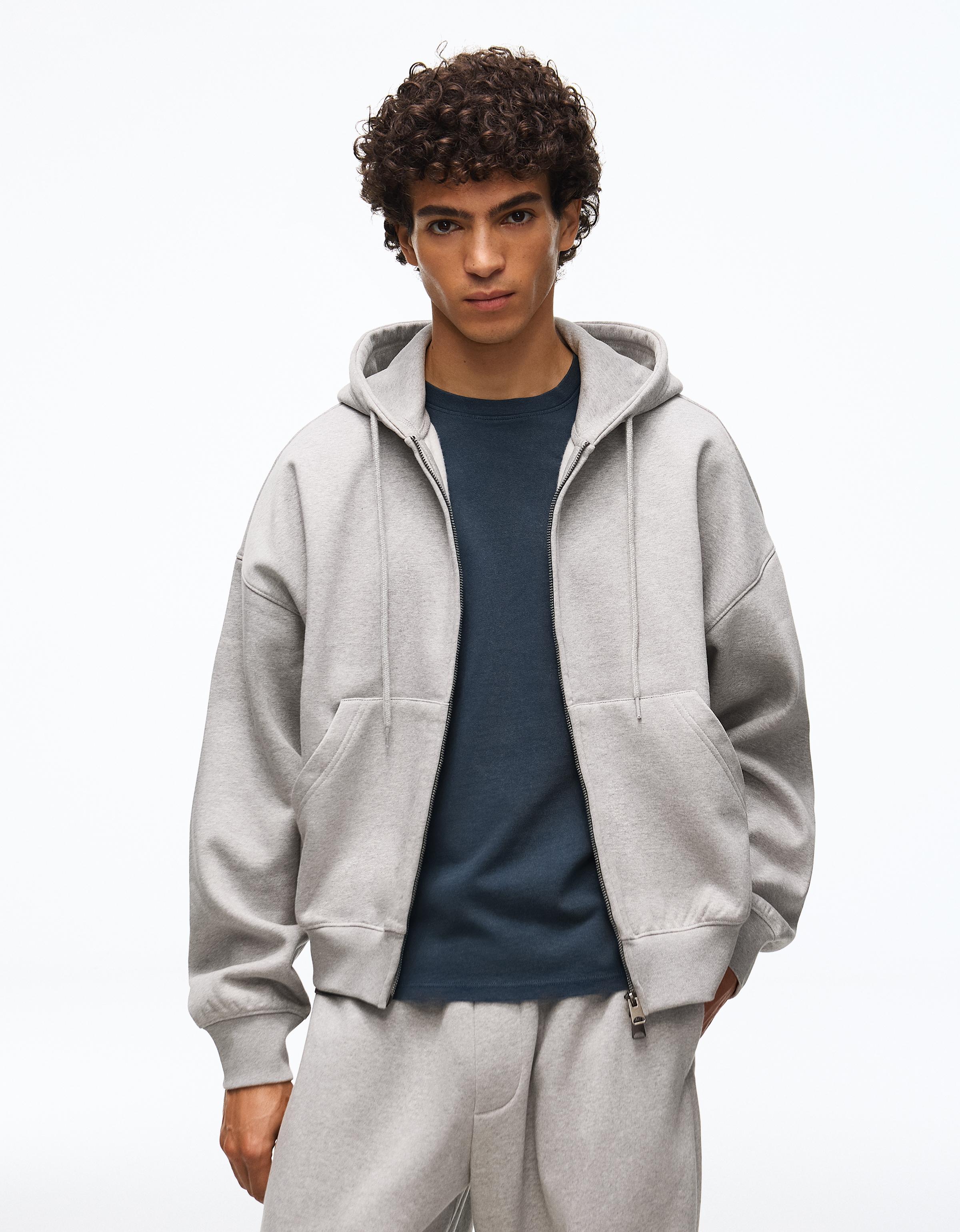 Bershka Sudadera Capucha Cremallera Hombre Gris
