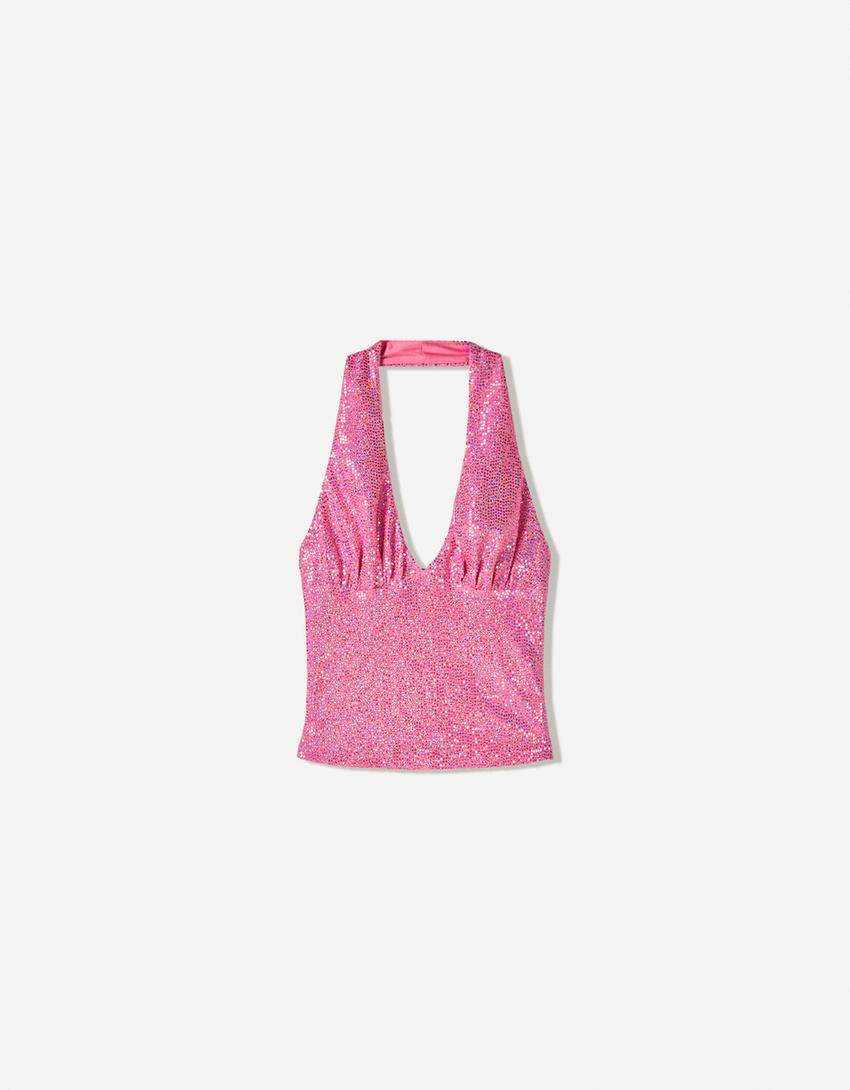 Sequinned halter neck top-Pink