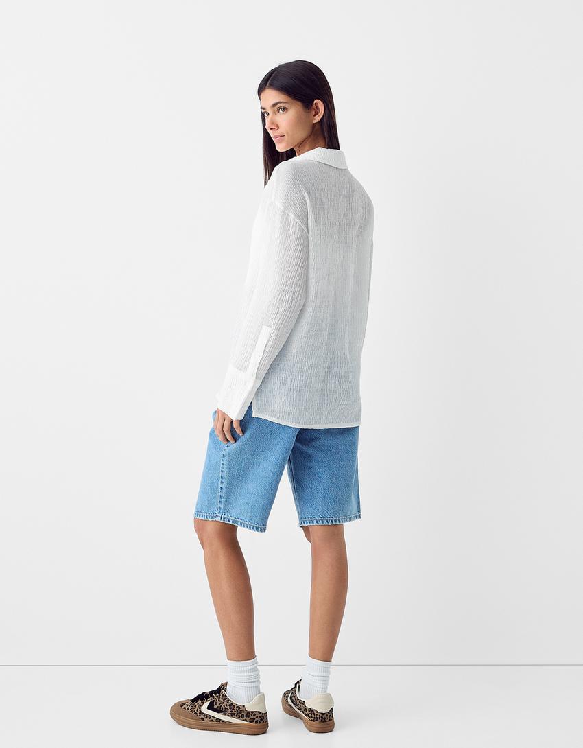 قميص فضفاض بملمس بارز وأكمام طويلة-أبيض-1