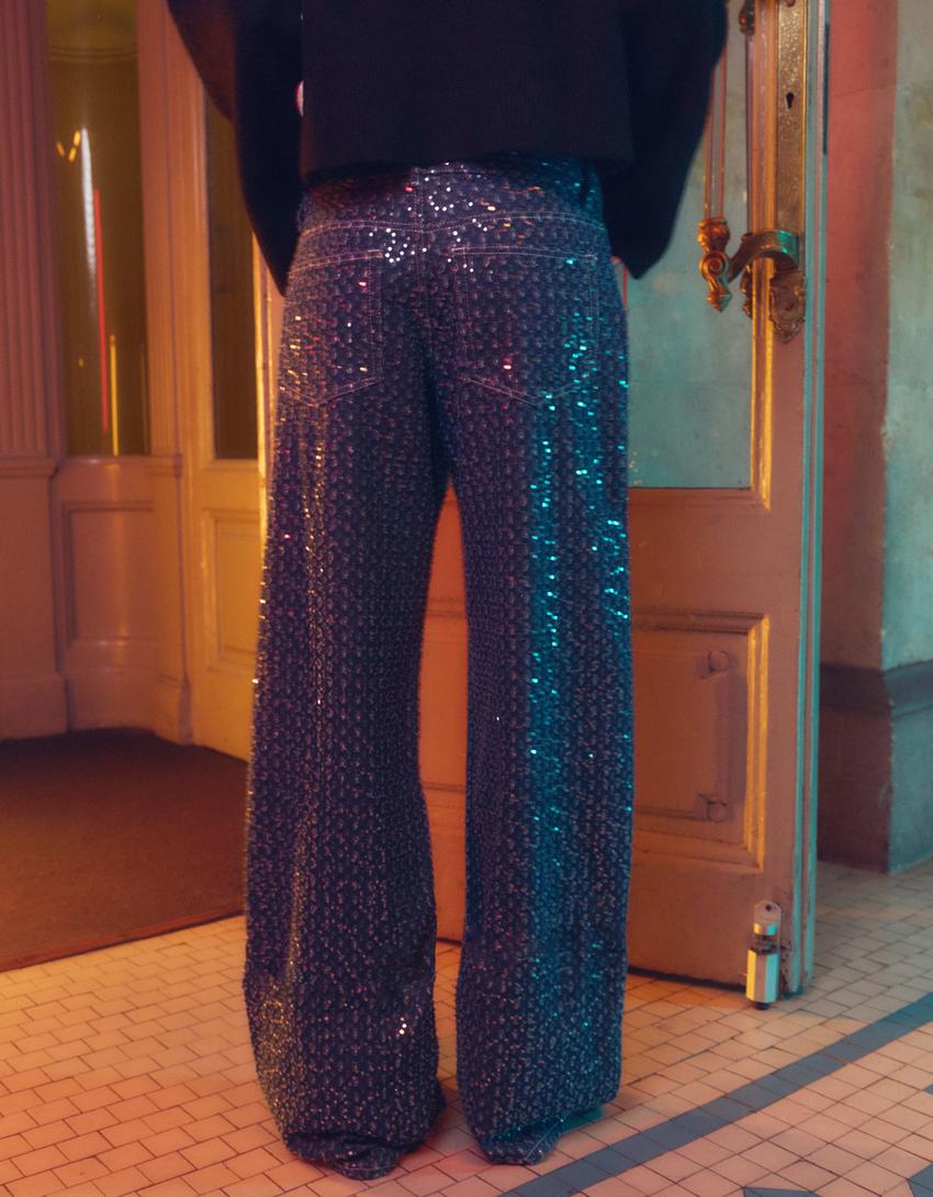 Sequinned wide-leg jeans-Navy