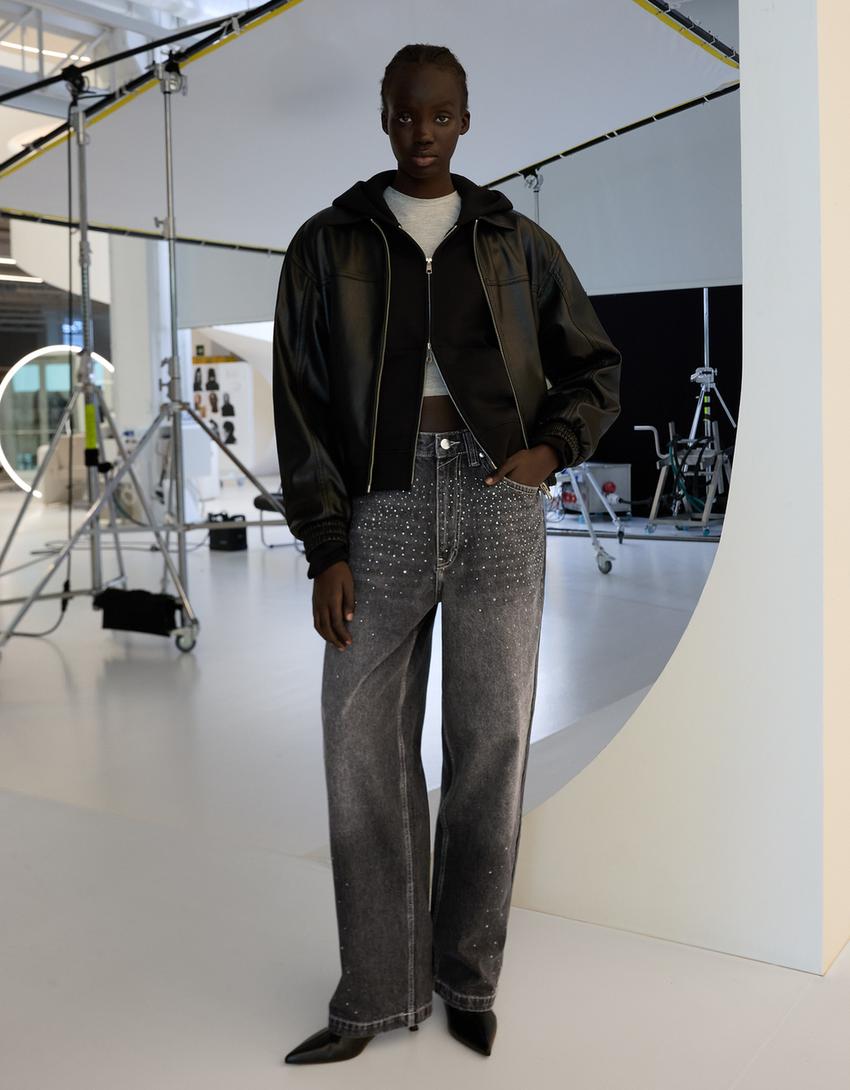 Jeans super baggy fit strass filtro digital-Nero