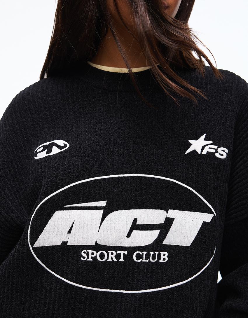 Baskılı şönil bisiklet yaka kazak-Siyah