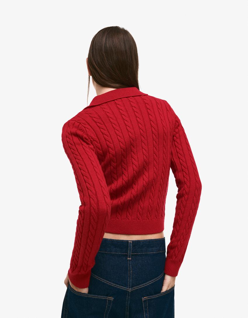 Cable-knit polo collar cardigan-Red