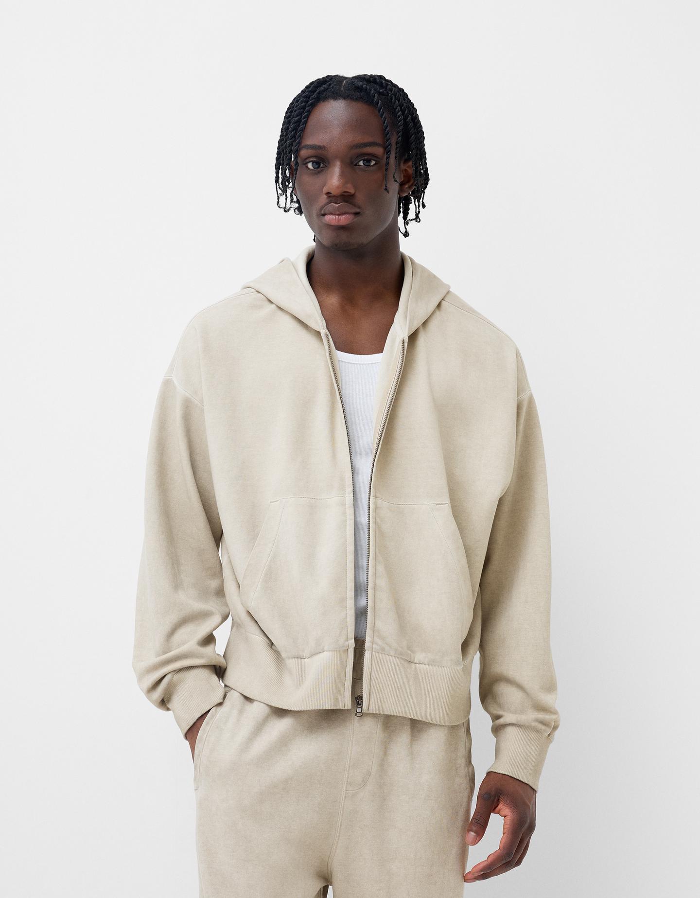 Bershka Felpa Cerniera Slavata Uomo L Beige