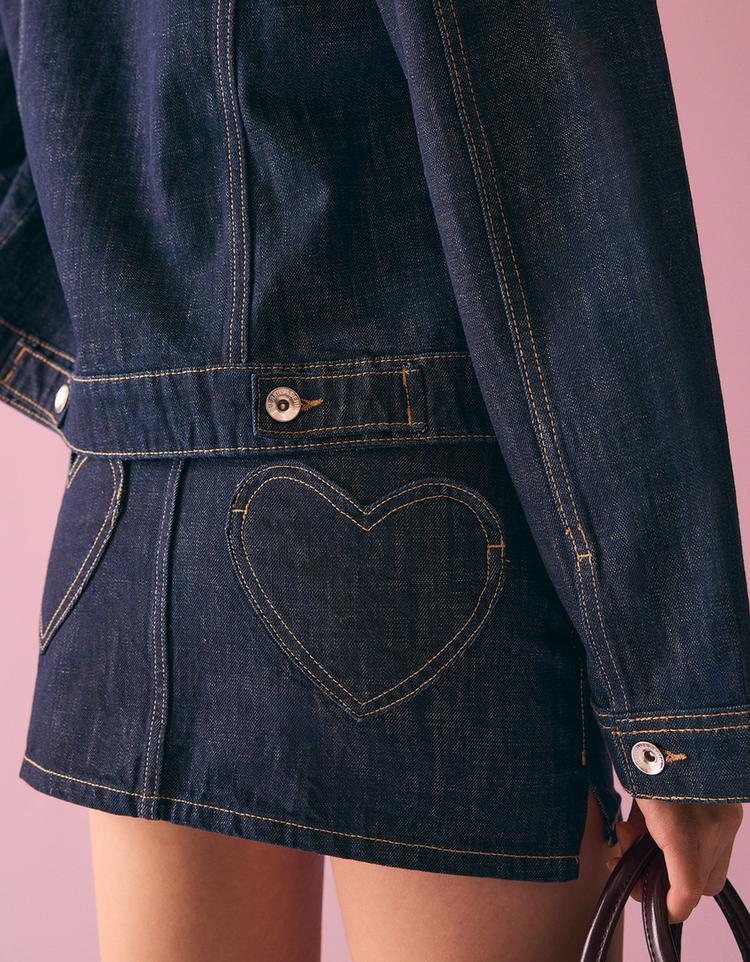 İşlemeli denim mini etek